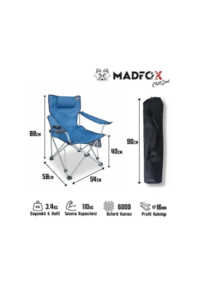 Madfox Chillseat Yastıklı Katlanabilir Kamp Sandalyesi Koyu Mavi