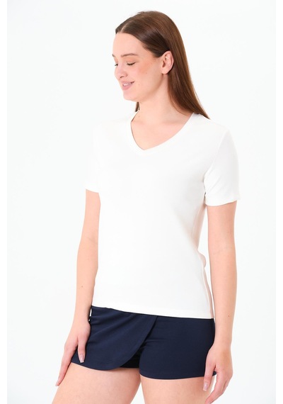 Sortie Collection V Yaka Premium Modal Kumaş Basic Tişört - Ekru