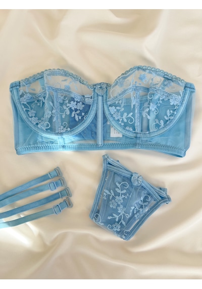 Arinda Candice Mavi Çiçek Desenli Brode İşlemeli Tek Renk Balenli Kapsız Askıları Çıkarılabilir Bralette Sütyen Tanga Alt Üst İç Çamaşırı Takımı 2 Parça Arinda Candice Mavi Çiçek Desenli Brode İşlemeli Tek Renk Balenli Kapsız Askıları Çıkarılabilir Bralette Sütyen Tanga Alt Üst İç Çamaşırı Takımı 2 Parça