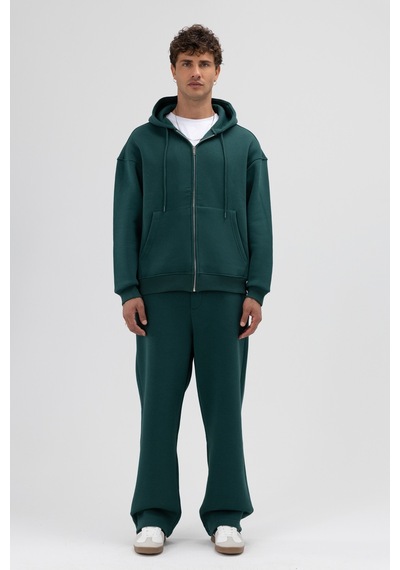 Vamos Basic Fermuarlı Oversize Kapüşonlu Sweatshirt Nefti Yeşil