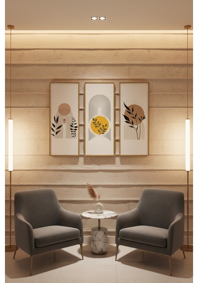 Minimalist 3 Lü Ahşap Çerçeveli Tablo Seti Modern Duvar Dekoru,