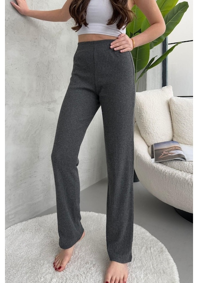 Kadın Füme Yüksek Bel Fitilli Bol Paça Günlük İnce Eşofman Altı Pijama Füme