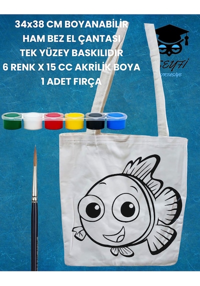 34x38 Cm Boyanabilir Ham Bez El Çantası Tek Yüzey Baskılıdır 6 Renk X 15 Cc Akrilik Boya 1 Fırça BAL