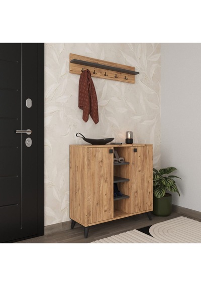 Albena 2 Kapaklı Ayakkabılık, Vestiyer, Portmanto, Askılık, 90 Cm , Atlantik Çam - Antrasit Atlantik Çam - Antrasit