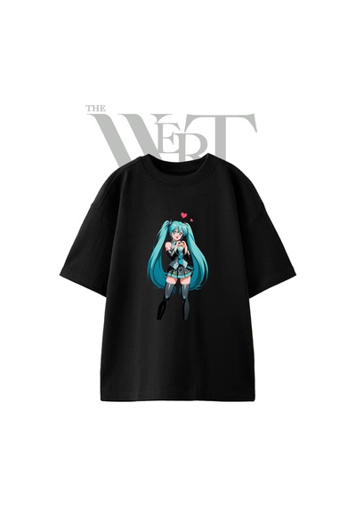 Thewert Hatsune Miku 13 Tasarım Baskılı Ünisex Siyah Oversize T-shirt