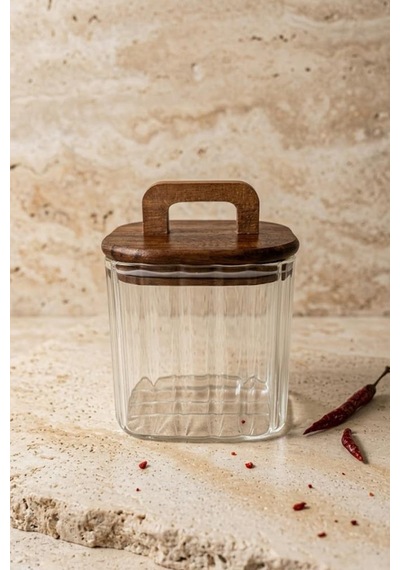 Atbyhome Akasya Saplı Cam Kavanoz 700 Ml - Vakumlu Çizgili Cam Baharatlık Kahve Ve Bakliyat Kabı Kahverengi
