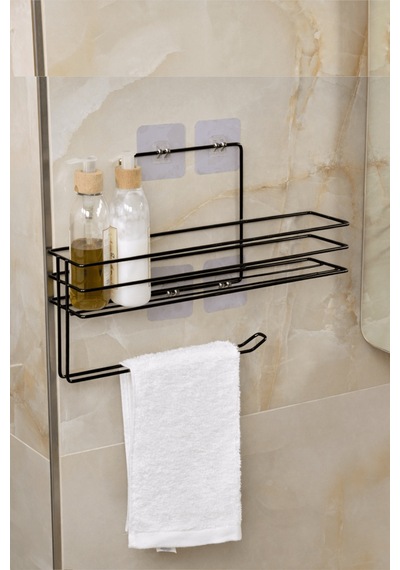 Siyah Modern Banyo Rafı Yapışkanlı Duş Organizer Kağıt Havluluk
