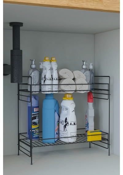 2 Katlı Evye Tezgah Altı Raf Banyo Mutfak Dolabı Çok Amaçlı Düzenleyici Deterjanlık Organizer 20x40 Siyah