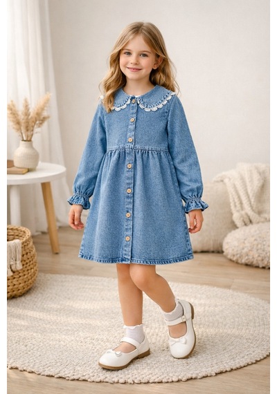 Uğur Bebe Kız Çocuk Dantel Yaka Denim Kot Elbise Uzun Kollu Günlük Şık Premium Çocuk Elbisesi Mavi Mavi Uğur Bebe Kız Çocuk Dantel Yaka Denim Kot Elbise Uzun Kollu Günlük Şık Premium Çocuk Elbisesi Mavi Mavi