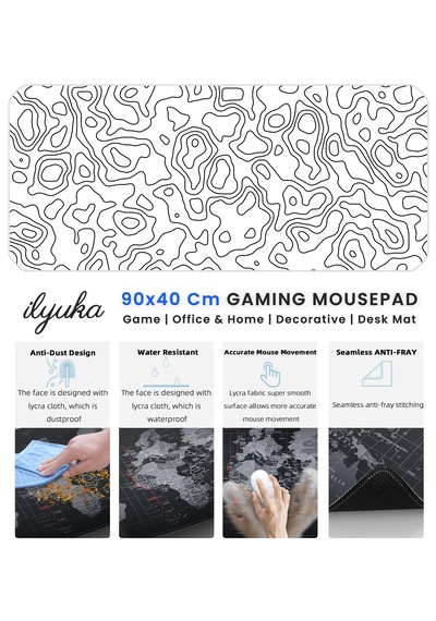 White Topography Map İlyuka Mp079040 Xxl Gaming Mouse Pad 90x40cm