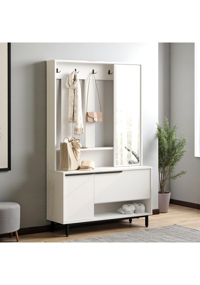Robin Home Portmanto Vestiyer Ayakkabılık Aynalı Metal Ayaklı Beyaz Beyaz