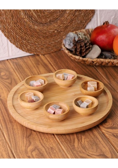 7 Parça Mini Bambu Sosluklu Dönen Servis Tabağı Bambu