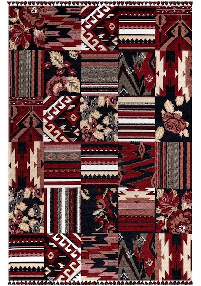 Kırmızı Renkli Afgan Tarzı Altı Kaymaz Yıkanabilir Şönil Kilim-487
