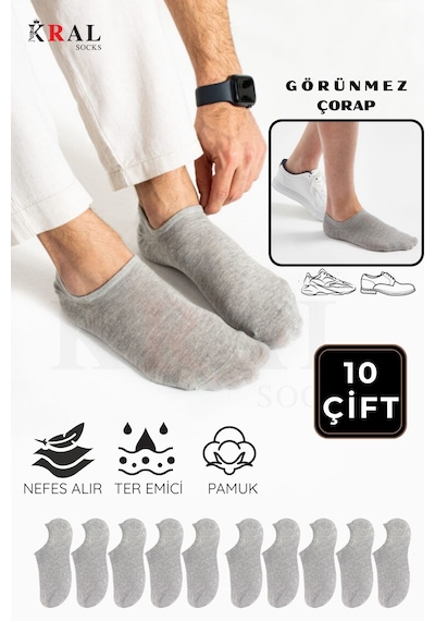 Kral Socks Kadın - Erkek Pamuklu Terletmez 10'lu - 10 Çift Yazlık Görünmez Çorap Gri