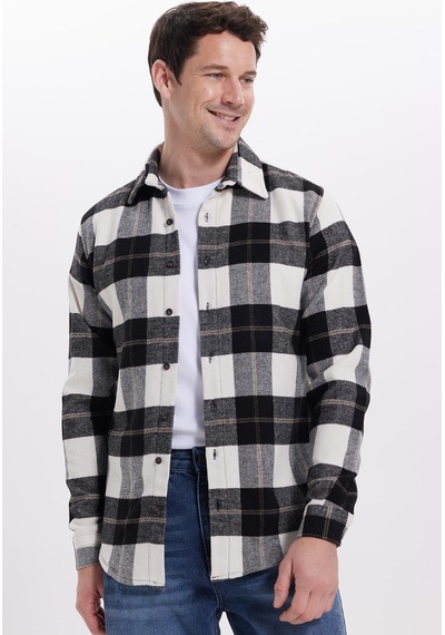 Tudors Erkek Slim Fit Dar Kesim Kareli Kışlık Oduncu Gömlek-42222 Beyaz