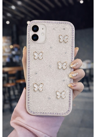 Apple Uyumlu iPhone 11 Kelebek Figürlü Simli İnci Taşlı Lüx Silikon Kılıf Gri