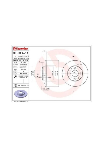 Brembo 08508514 Ön Fren Diski Fiat 500 500c 07 Tipo Punto Tempra Panda Marea Bravo 96 Alfa Romeo 145 146 155 92 Ford Ka 08 12 240.5x11 4 Delik 51885456