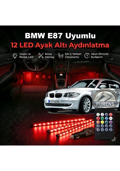 Bmw E87 Uyumlu Rgb Ayak Altı Led 12 Led Kumandalı Müzik Duyarlı Araç İçi Aydınlatma 7 Renk 12v 1