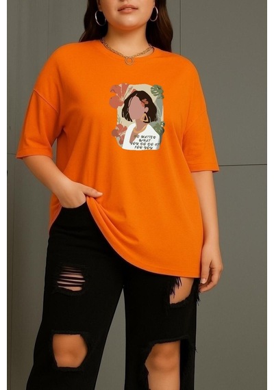 Büyük Beden Renkli Kadın Baskılı Unisex Tişört Turuncu