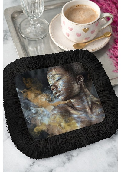 Sanatsal Işıltılı Saçaklı Sunum Peçetesi - Afro Dokunuşlu Bohem Siyah Bardak Altlığı Mendil Soft Göl Bronz