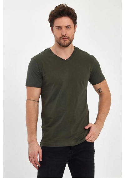 Erkek Compact Penye V Yaka T-shirt Haki