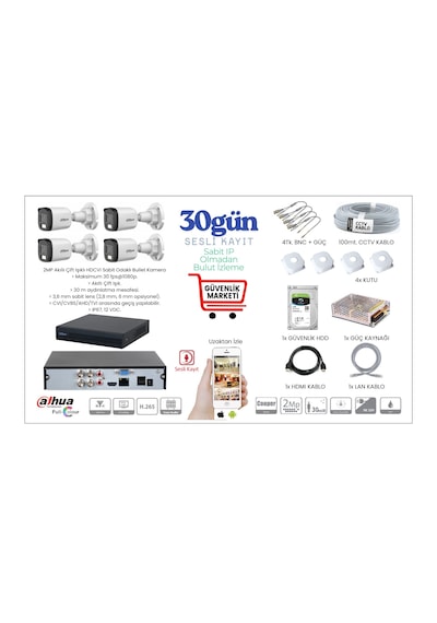 Dahua 2 Mp Full Hd 4 Kameralı Sesli Renkli Gece Görüşlü Full Hd Kamera Set