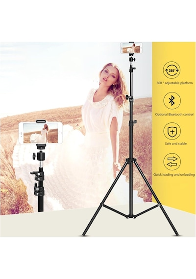 Ayrex Bluetooth Kumandalı Metal Tripod, 2 Metre Ayarlanabilir Yükseklik, 360 Derece Döner Başlıklı Telefon Tutucu, Genel