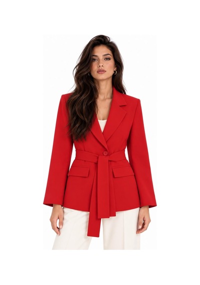 Saade Kırmızı Kadın Tek Düğmeli Dokuma Kruvaze Blazer Ceket - Kuşaklı