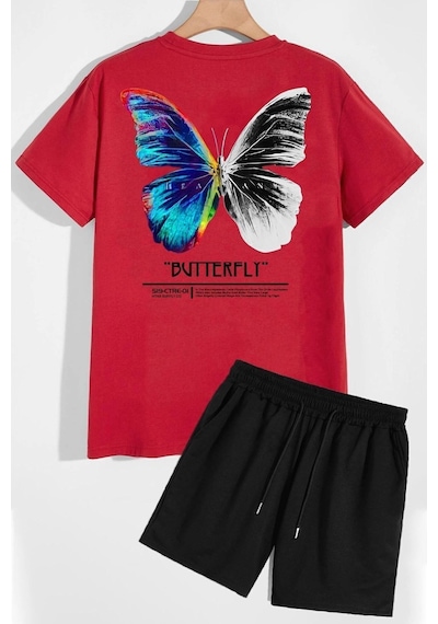 Uyguntarz Butterfly Sırt Baskılı Şort T-shirt Eşofman Takımı Kırmızı