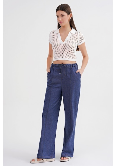 Mixray 4679 Kadın Beli Lastikli Bağlamalı Denim Pantolon İndigo