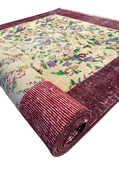 El Dokuması Vintage Eskitme 110x205 Mor Krem İnce Halı Mor