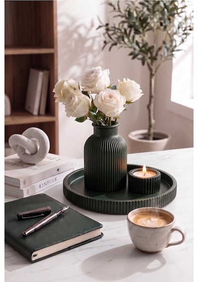 Senfoni Vazo Dekoratif Set - Modern Minimalist Estetik Tasarım Dekoratif Set - Pilli Mum, Mumluk Ve Tepsi Dahil Ev Ofis Salon Dekorasyonu İçin Şık Kompozisyon - Ahenk Tasarım Haki
