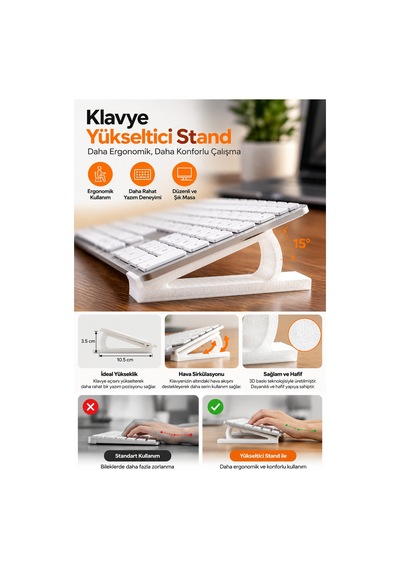 Ergonomik Klavye Yükseltici Stand - 15 Açılı 3d Baskı Masaüstü Klavye Tutucu