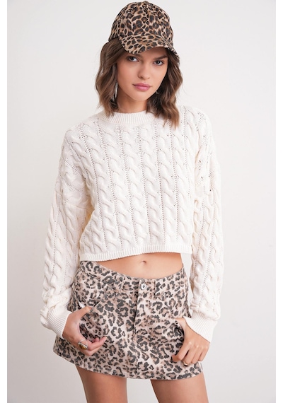 Mixray 6863 Kadın Saç Örgülü Crop Triko Kazak Naturel