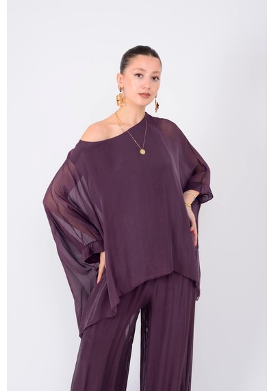 Bohem Stil İtalyan Yarasa Kol İpek Bluz & Pantolon Takım-8767 Mürdüm