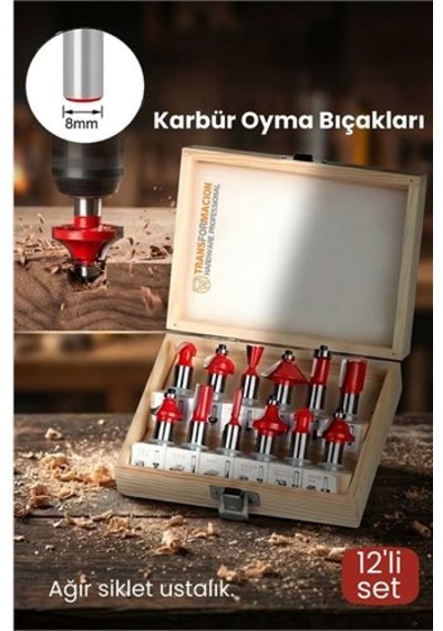 Profesyonel 12'li Ahşap Freze Ucu Seti 8mm Şaft Rulmanlı Karbür Oyma Bıçakları Ahşap Kutulu