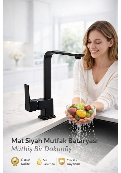 Viosa Kare Tasarım Mutfak Bataryası, Seramik Kartuşlu, Paslanmaz Gövde, Çift Su Girişli Musluk Siyah