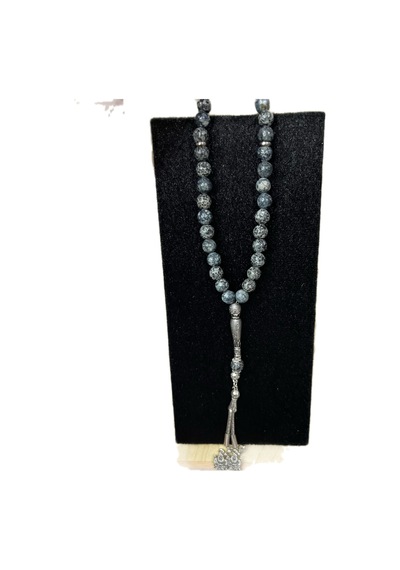 Doğal Obsidyen Taşı Tesbih 33 Lü Gümüş Renk İmameli Doğal Taş