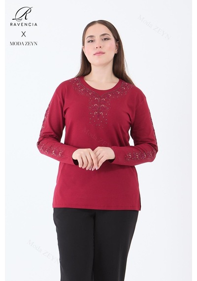Kadın Bordo Şerit Çiçek Desenli Taşlı Yırtmaçlı Likralı Viskon Anne Penye Bluz