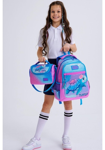 Coral High Kids Açık Pembe Mavi Kaplumbağa Desenli 3 Lü Okul Çanta Seti Set0123497