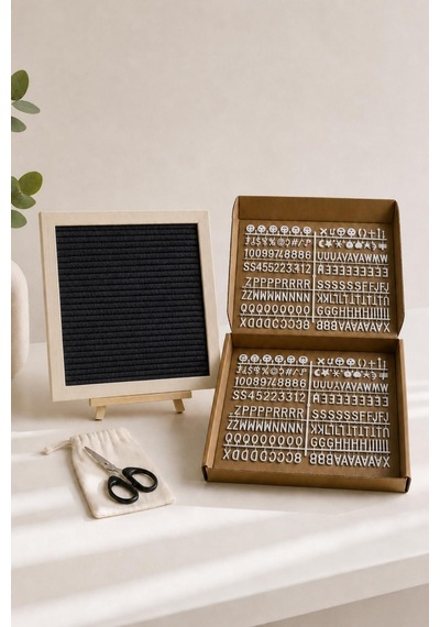 Woodart Premium Letter Board Seti, Mat Gece Siyahı Keçe Yüzeyli Doğal Çam Ahşap Yazı Panosu Şövale Standlı Dekoratif Set Siyah