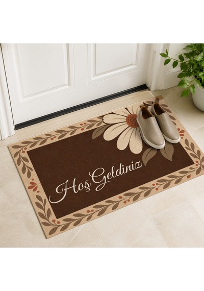 Kartela Halı Hoş Geldiniz Yazılı Papatyalı Kapı Paspası Bej Kaymaz Kauçuk Taban Yıkanabilir 50x75 Cm