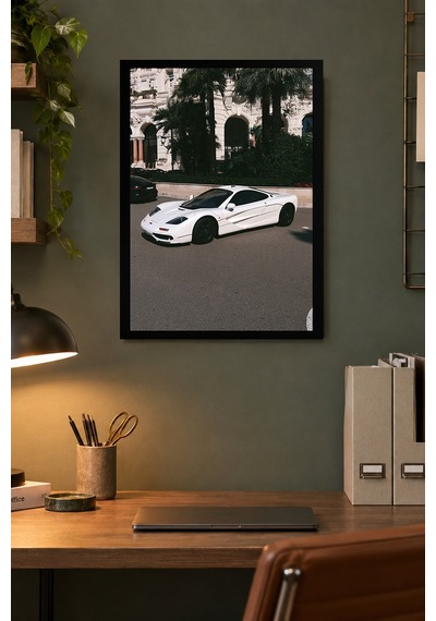 Beyaz Spor Otomobil Desenli Dekoratif Mdf Tablo, Çerçeve Görünümlü Ahşap Poster