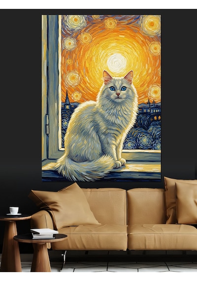 Van Gogh Stili Pencereden Bakan Beyaz Kedi Dekoratif Kanvas - Mdf Ahşap Tablo