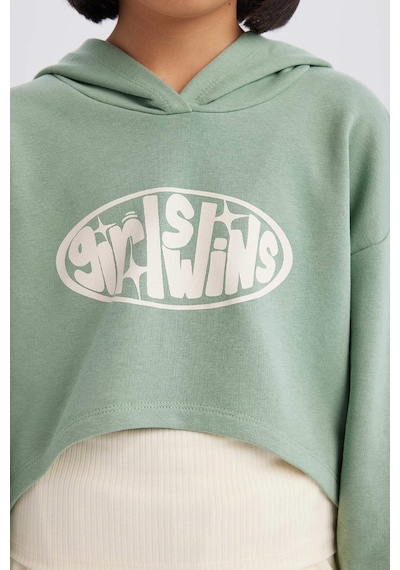 DeFacto Kız Çocuk 2'li Takım Crop Kapüşonlu Baskılı Sweatshirt Atlet D8819A825SPGN1125 Yeşil