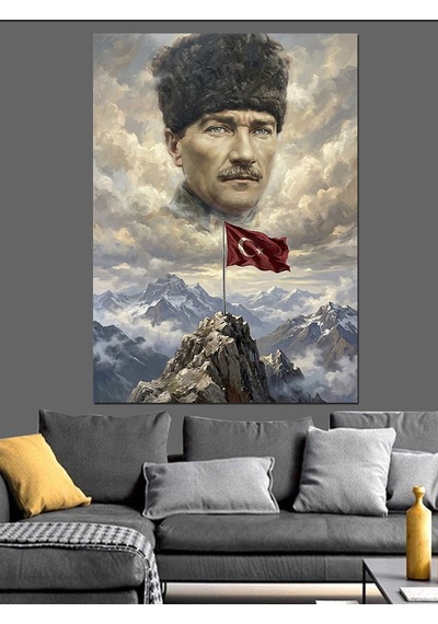 Dağ Zirvesinde Atatürk Ve Bayrak Dekoratif Kanvas - Mdf Ahşap Tablo