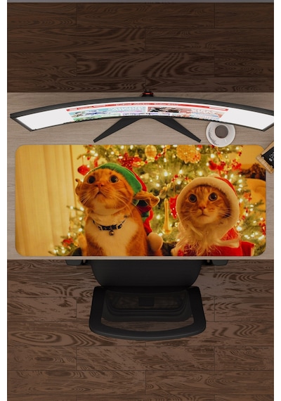 Yeni Yıl Kediler- Kedi- Yılbaşı V1 90x40 Xxl Gaming Kauçuk Kaymaz Taban Mouse Pad Fare Altlığı