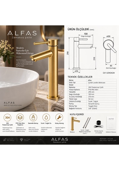 Alfas Mat Gold Çanak Lavabo Bataryası Fırçalı Altın 304 Paslanmaz Çelik Banyo Bataryası Sıcak Soğuk