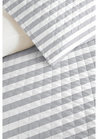 Gri Çizgili Modern Genç Odası Tek Kişilik Pike Takımı - Minimal 160x220 Cm Kapitone Yatak Örtüsü Mumlu Kabuğu Sessizliği