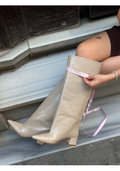 Erva'nın Butiği Bej Cilt Losy Xl Geniş Konç Kalın Bacak 5 Cm Topuklu Çizme-6405